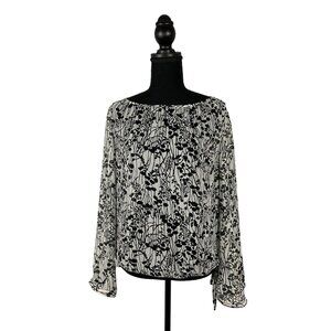 George ME Ladies Black Soot Floral Print Mesh Blouse Size Large 12/14